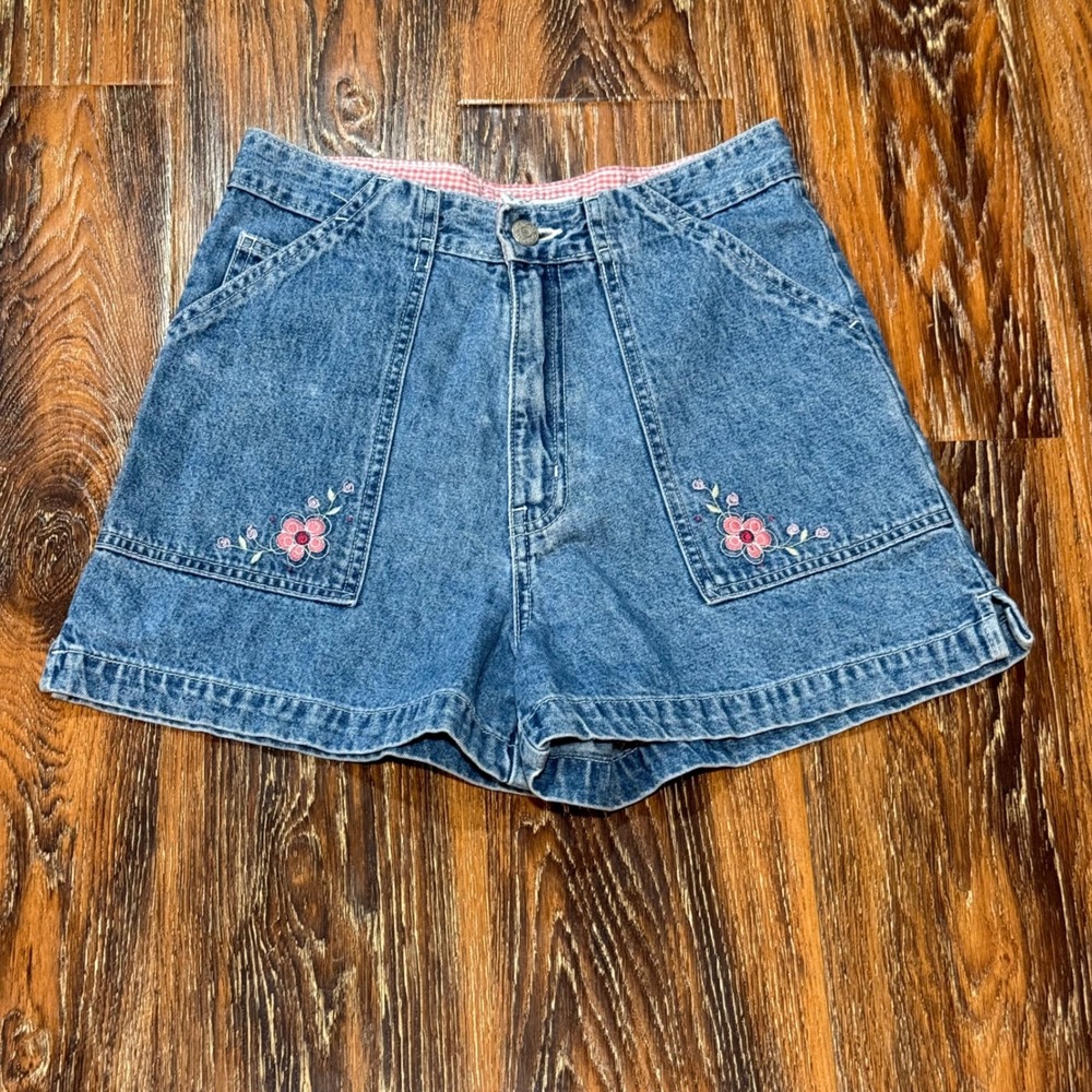 Cherokee 14 Denim Shorts Girls Blue Floral Embroidered High Waisted Vintage 90s